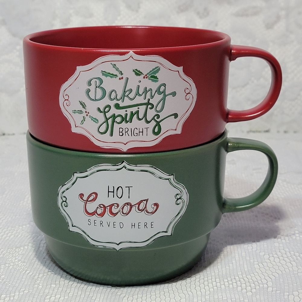 Vintage The Mistletoe Co. Christmas Stacking Mugs Set of 2 Red Green Baking Spir